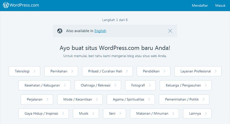 Pilih kategori blog yang akan dibuat di wordpress.com