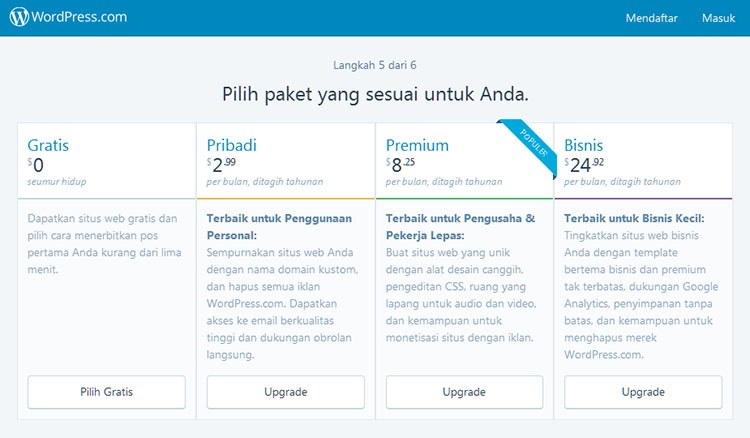 Pilih paket wordpress.com