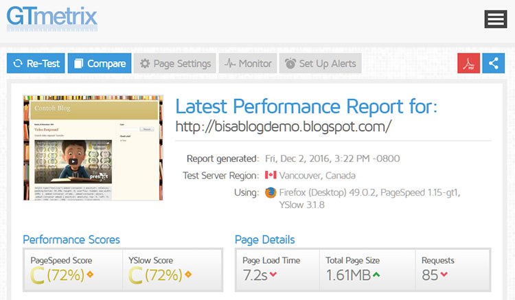 GTmetrix menggunakan nilai performa dari Google PageSpeed dan Yahoo! YSlow.