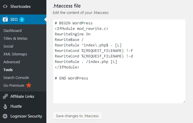 tambah dan edit file htaccess melalui plugin yoast seo