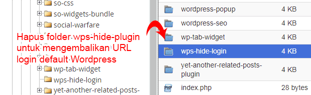 Hapus folder plugin wps-hide-login untuk mengembalikan URL login default WordPress