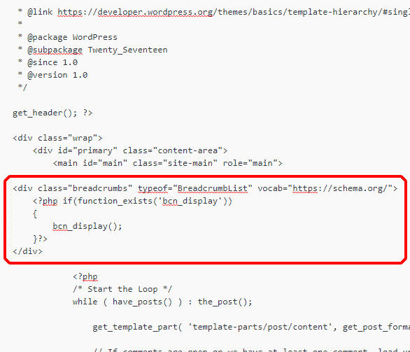 Cara menambahkan kode breadcrumb navxt pada file single.php dari tema twentyseventeen