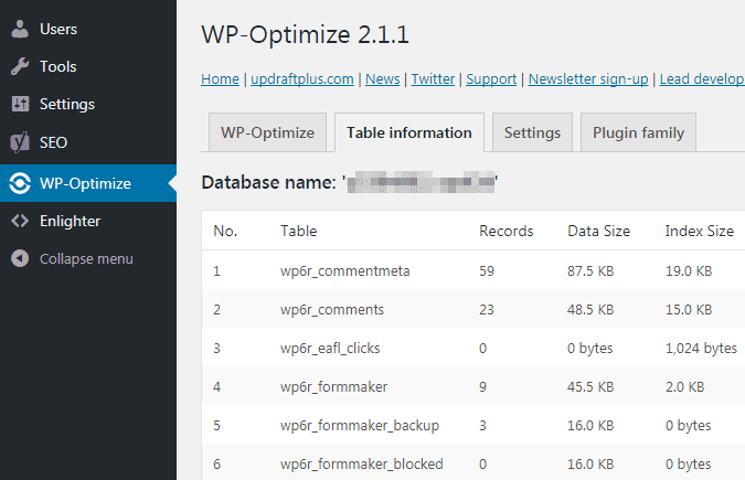 Cek ukuran database pada wordpress melalui plugin wp optimize