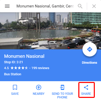 Click the share button to share the Google Maps location