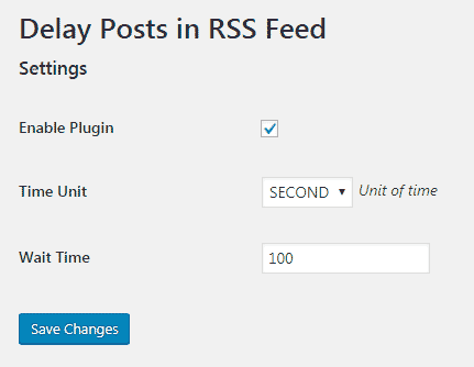 Settingan plugin delay posts in RSS yang akan memberi delay pada pos yang tampil di RSS Feed