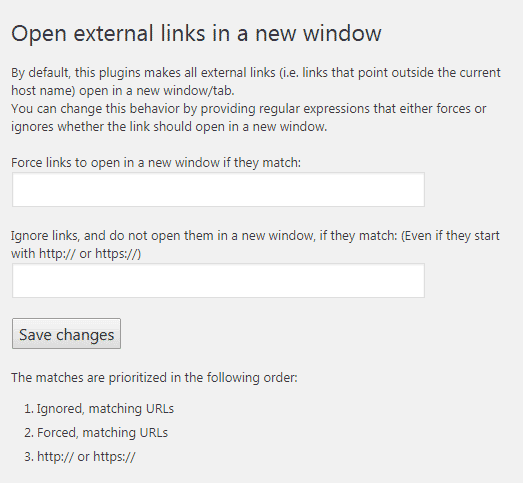 Menu pengaturan plugin open external links in new window