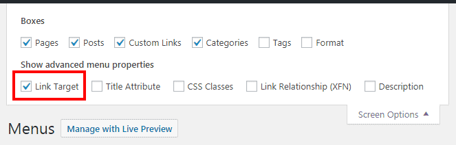 Pilih opsi link target pada screen option untuk memunculkan fitur open link in a new tab pada link menu