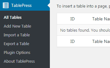 Menu plugin TablePress pada dasbor admin