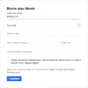 Pilihan kategori facebook page untuk bisnis