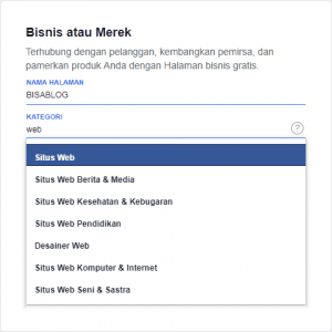 Pilihan kategori facebook page untuk blog