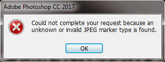 Pesan error Could not complete your request because an unknown or invalid JPEG marker type is found" di Photoshop