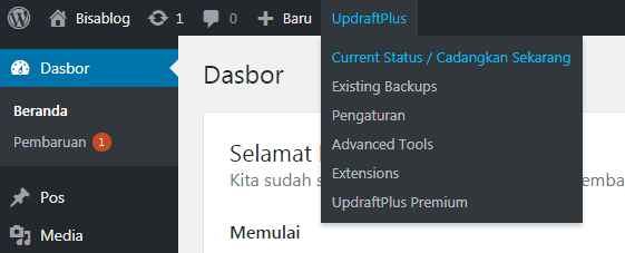 Akses UpdraftPlus melalui menu cepat pada dasbor WordPress