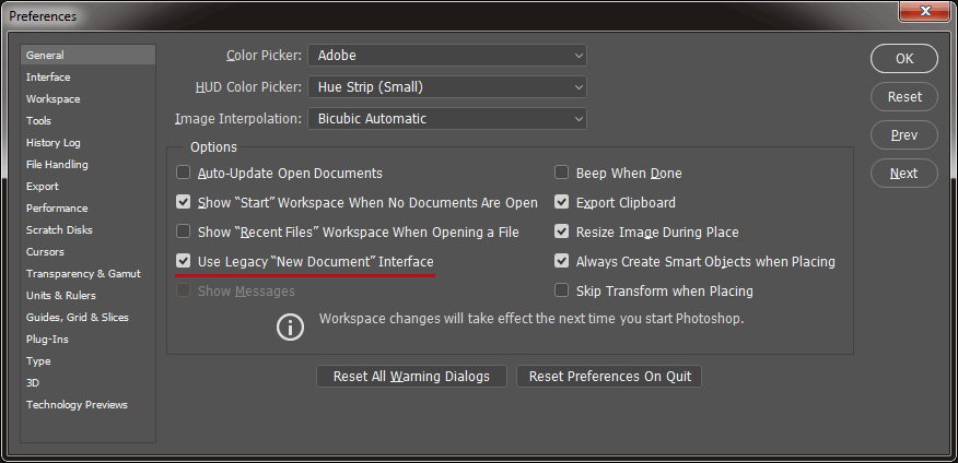 Cara mengatasi error tidak bisa buka file baru di Photoshop dengan mengaktifkan opsi Legacy "New Document" Interface