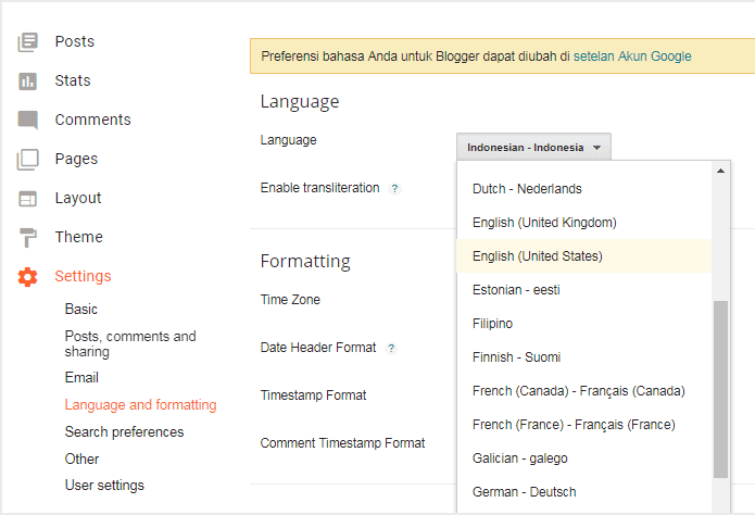 Ubah pengaturan bahasa untuk memunculkan menu penghasilan Adsense yang hilang