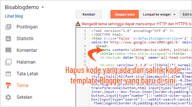 Masuk ke menu TEMA » EDIT HTML, hapus kode yang ada dan salin kode template Blogger baru