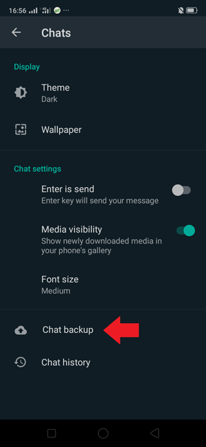 Menu CHATS BACKUP WhatsApp