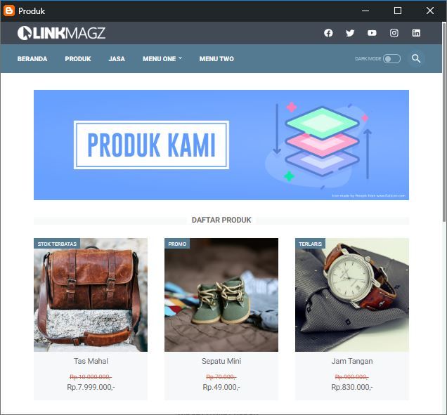 Tampilan halaman produk/jasa pada template Linkmagz